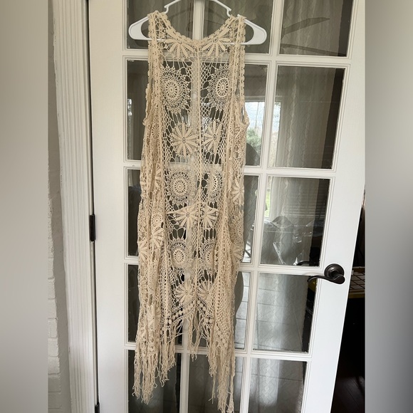 Ultra Pink Floral Crochet Lace Longline Vest Ivory Boho Festival Hippie Sz M - Picture 3 of 7